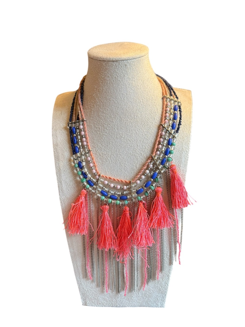 Coral Tassel Multi-Strand Beaded Statement Necklace